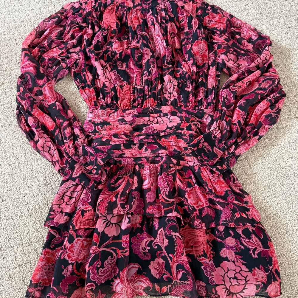 Revolve X HEMANT & NANDITA Crimson Rouched Mini Floral Dress B30 - Picture 8 of 15